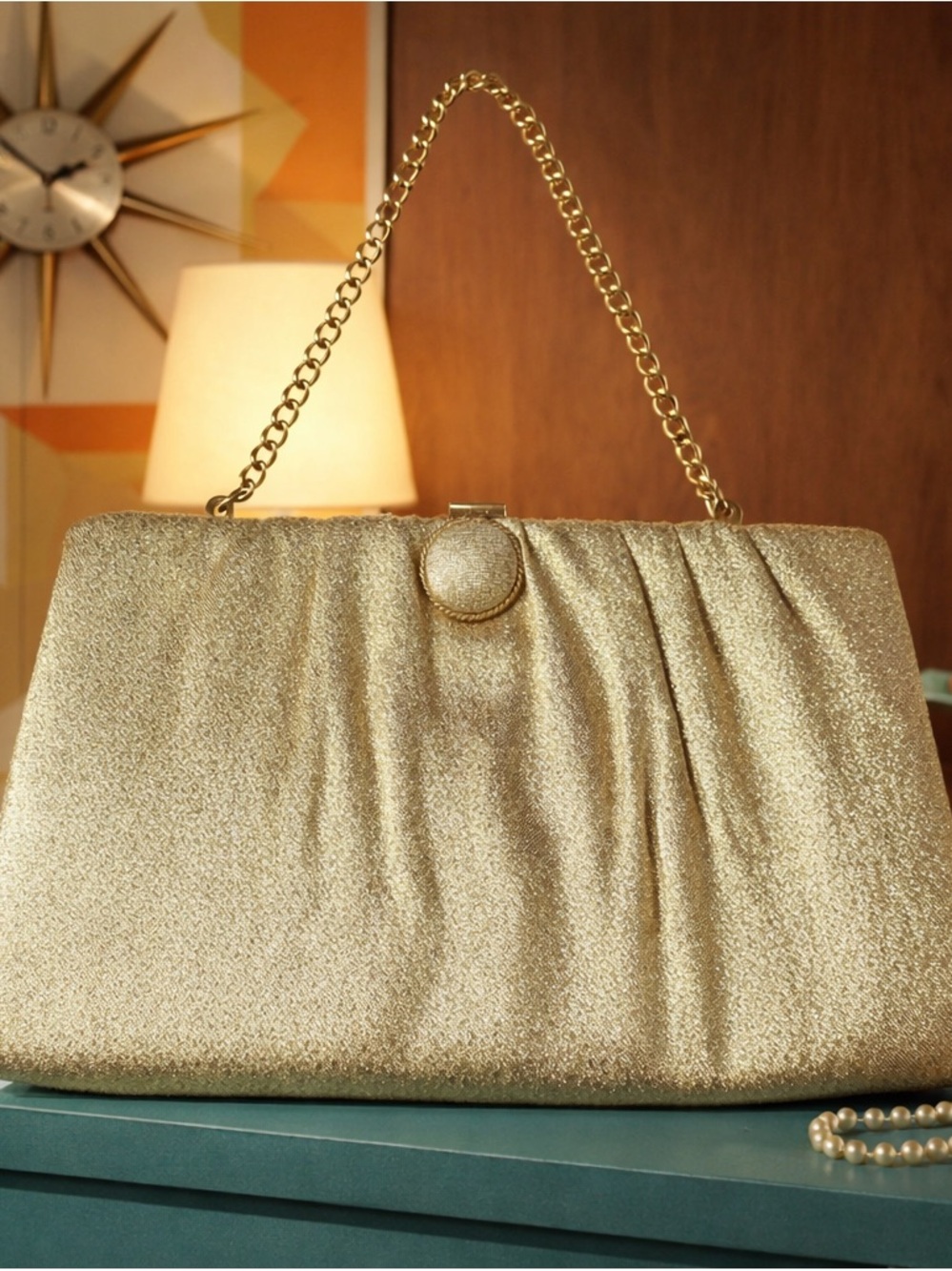 Vintage Gold Clutch Purse | Chain Handle, Button Latch, Champagne Lining